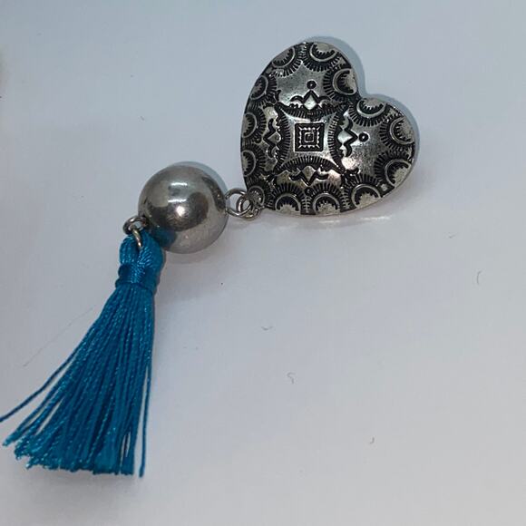 Antiqued Silver-Tone Heart Beaded Blue Tassel Tie Dangle Earrings - Picture 7 of 7